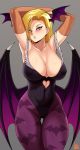  1girl android_18 arms_behind_head bat_wings blonde_hair blue_eyes blush breasts cosplay covered_navel covered_nipples curvy demon_girl dragon_ball dragon_ball_z earrings grey_background highres jewelry jmg large_breasts leotard medium_hair morrigan_aensland morrigan_aensland_(cosplay) purple_legwear shiny shiny_hair shiny_skin signature skin_tight standing succubus toned vampire_(game) wings 