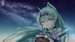  1girl bangs breasts chest_jewel earrings eyebrows_visible_through_hair green_eyes green_hair highres jewelry large_breasts long_hair long_ponytail looking_at_viewer night pneuma_(xenoblade) ponytail sarasadou_dan sky solo star_(sky) starry_sky swept_bangs tiara upper_body very_long_hair xenoblade_chronicles_(series) xenoblade_chronicles_2 