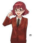  1girl artist_name black_neckwear borrowed_character ciov commission english_commentary formal glasses highres looking_at_viewer necktie open_mouth original redhead short_hair smile solo suit white_background 