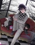 1boy :d arrow_(projectile) bangs bare_tree black_footwear checkered checkered_floor checkered_scarf commentary_request couch dangan_ronpa double-breasted dutch_angle explosive grenade hair_between_eyes hands_on_own_knee jacket knee_up long_sleeves looking_at_viewer male_focus monokuma new_dangan_ronpa_v3 open_mouth ouma_kokichi pants purple_hair saihara_shuuichi scarf shoes short_hair sitting smile solo straitjacket stuffed_animal stuffed_toy suusuke teddy_bear tree violet_eyes white_jacket white_pants window 