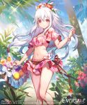  azutarou basket beach bikini breasts earrings evertale flower food frilled_bikini frills fruit hair_flower hair_ornament highres jewelry long_hair looking_at_viewer medium_breasts navel official_art original plant red_eyes silver_hair smile swimsuit tree 