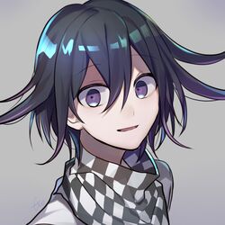  1boy bangs black_hair checkered checkered_kimono commentary_request dangan_ronpa grey_background hair_between_eyes huyuharu0214 japanese_clothes kimono looking_at_viewer male_focus messy_hair multicolored_hair new_dangan_ronpa_v3 open_mouth ouma_kokichi portrait purple_hair short_hair smile solo violet_eyes 