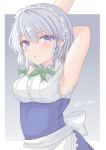  1girl absurdres apron armpits arms_behind_head arms_up artist_name back_bow bangs bare_arms blue_dress blue_eyes blush border bow bowtie braid breasts commentary_request dress eyebrows_visible_through_hair green_bow green_neckwear grey_background hair_bow highres izayoi_sakuya looking_at_viewer maid_apron medium_breasts parted_lips short_hair silver_hair simple_background sleeveless solo tin_mani touhou twin_braids twitter_username upper_body v-shaped_eyebrows 