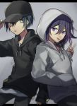  2boys :p alternate_costume arm_up bangs black_hair black_headwear black_hoodie checkered_hoodie contrapposto cowboy_shot dangan_ronpa grey_background grey_hoodie hair_between_eyes hand_in_pocket hand_up hat highres hood hood_down hood_up hoodie huyuharu0214 letterboxed long_sleeves looking_at_viewer male_focus multiple_boys new_dangan_ronpa_v3 open_mouth ouma_kokichi pants purple_hair saihara_shuuichi shirt short_hair sleeves_past_wrists tongue tongue_out v violet_eyes yellow_eyes 