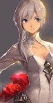  1girl absurdres cleavage_cutout clothing_cutout collarbone faux_traditional_media flower frown grey_eyes highres hoojiro long_hair looking_to_the_side rose signature silver_hair simple_background sinoalice sketch snow_white_(sinoalice) solo upper_body 
