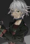  1boy ahoge black_jacket black_shirt brown_eyes chain chained collar collarbone commentary_request dangan_ronpa green_eyes grey_hair hair_between_eyes highres huyuharu0214 jacket komaeda_nagito layered_sleeves long_sleeves looking_at_viewer male_focus metal_collar new_dangan_ronpa_v3 open_clothes open_jacket shirt short_hair smile solo two-tone_background upper_body 