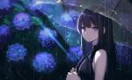 1girl black_hair commentary_request eyebrows_visible_through_hair flower highres holding holding_umbrella long_hair looking_at_viewer original rain sleeveless solo spider_apple umbrella violet_eyes 
