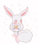  alternate_eye_color blush bow clarevoir commentary eevee english_commentary full_body gen_1_pokemon mixed-language_commentary monochrome no_humans open_mouth pokemon pokemon_(creature) red_eyes simple_background sitting solo white_background white_bow white_theme 