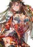  armor artist_request breastplate breasts brown_hair grand_summoners hand_in_hair highres mira_(grand_summoners) one_eye_closed shoulder_armor skirt smile 