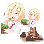  1girl blonde_hair blue_eyes blush eating english_commentary felutiahime highres hololive hololive_english minecraft multiple_views musical_note plaid plaid_skirt sitting skirt thigh-highs virtual_youtuber wariza watson_amelia what white_background 