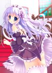  1girl bangs blue_eyes cosplay cross-laced_clothes detached_sleeves dress eyebrows_visible_through_hair frills from_behind gochuumon_wa_usagi_desu_ka? hair_ornament hair_ribbon hairclip indoors kafuu_chino long_hair looking_at_viewer looking_back maid maid_headdress minase_inori open_mouth re:zero_kara_hajimeru_isekai_seikatsu red_ribbon rem_(re:zero) rem_(re:zero)_(cosplay) ribbon roswaal_mansion_maid_uniform seiyuu_connection solo white_legwear x_hair_ornament yuutsuki_hina 