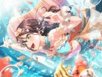 1girl bang_dream! bikini black_hair blush bubble fish green_eyes hanazono_tae long_hair mermaid official_art smile underwater