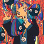  1girl abstract abstract_background absurdres aqua_hair bangs blonde_hair blue_hair blue_nails disembodied_head floating_head green_hair highres index_finger_raised jewelry long_sleeves multicolored multicolored_eyes multicolored_hair necklace no_nose orange_hair original redhead sizucomaru star_(symbol) swept_bangs upper_body 
