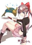  1girl :d adachi_yousuke black_hair boots brown_footwear eyebrows_visible_through_hair from_side goggles goggles_on_head hair_ribbon highres holding holding_sword holding_weapon katana long_hair looking_at_viewer midriff muguruma_miyako open_mouth pillar_(sigururi) red_ribbon ribbon senyoku_no_sigrdrifa sheath sheathed sitting smile solo sword violet_eyes weapon 