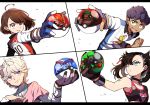  2boys 2girls ahoge aqua_eyes bede_(pokemon) black_choker black_hair blonde_hair brown_eyes brown_hair choker cinderace collared_shirt commentary_request dusk_ball dynamax_band eyelashes gen_8_pokemon gloria_(pokemon) gloves great_ball grimmsnarl hair_ribbon hatterene holding holding_poke_ball hop_(pokemon) marnie_(pokemon) multiple_boys multiple_girls open_mouth poke_ball poke_ball_(basic) pokemon pokemon_(creature) pokemon_(game) pokemon_swsh purple_hair red_ribbon ribbon rillaboom shirt smile teeth tongue violet_eyes yellow_eyes yoshino_(gunform) 