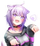  1girl :3 :d ahoge animal_ears asacrebleu bangs black_collar black_hoodie blush cat_ears cat_girl cat_tail collar drawstring hair_between_eyes highres hololive hood hoodie long_sleeves looking_at_viewer nekomata_okayu open_mouth paw_pose purple_hair short_hair simple_background smile solo sparkling_eyes strap tail upper_body violet_eyes virtual_youtuber white_background 