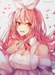  atelier_live bangs bare_shoulders braid breasts dress eyebrows_visible_through_hair highres indie_virtual_youtuber large_breasts open_mouth petals pink_hair pinku red_eyes ribbon rosuuri virtual_youtuber waterr4melon white_background white_dress white_ribbon 