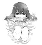  1girl bathing ghost grin highres izumi_(toubun_kata) knees long_hair mieruko-chan monochrome nude partially_submerged simple_background sketch smile solo water wet wet_hair white_background yotsuya_miko 