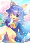  1girl ;d animal_ear_fluff animal_ears bangs blue_dress blue_eyes blue_hair blurry blurry_background blush bow day depth_of_field dress eyebrows_visible_through_hair fairy_wings feet_out_of_frame hair_between_eyes hand_up heart knees_together_feet_apart knees_up kouu_hiyoyo long_hair long_sleeves looking_at_viewer one_eye_closed open_mouth original outdoors sleeves_past_fingers sleeves_past_wrists smile solo star_(symbol) tail transparent_wings wings yellow_bow 