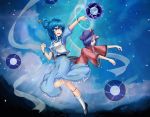  2girls bangle bangs belt black_footwear black_skirt blue_dress blue_eyes blue_hair blue_nails blush bracelet breasts clouds commentary_request danmaku dress drill_hair flower frills full_body gao hagoromo hair_ornament hair_rings hair_stick highres hyoumon_(saihokutan) jewelry kaku_seiga leg_ribbon light_particles light_rays medium_breasts medium_hair miyako_yoshika multiple_girls ofuda open_mouth outstretched_arm outstretched_arms parted_bangs petticoat puffy_short_sleeves puffy_sleeves purple_hair red_shirt ribbon shawl shirt short_hair short_sleeves skirt sky small_breasts smile star_(symbol) touhou v-shaped_eyebrows vest violet_eyes white_legwear white_vest wide_sleeves zombie_pose 