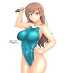 1girl bare_shoulders blush brown_eyes brown_hair competition_swimsuit cowboy_shot dated highres holding holding_torpedo kantai_collection long_hair looking_at_viewer montemasa one-piece_swimsuit ooi_(kantai_collection) simple_background smile solo swimsuit torpedo twitter_username white_background 