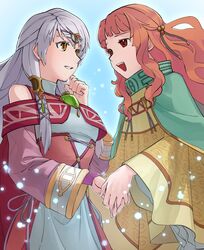  2girls :d a_(user_vtsy8742) bangle bare_shoulders bracelet circlet detached_sleeves dress fire_emblem fire_emblem:_radiant_dawn half_updo highres holding_hands jewelry long_hair long_sleeves micaiah_(fire_emblem) multiple_girls open_mouth orange_eyes orange_hair silver_hair simple_background smile teeth wide_sleeves yellow_eyes yune_(fire_emblem) 