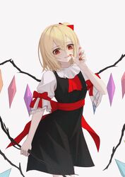  1girl adapted_costume ascot back_bow black_dress blonde_hair blood bow breasts commentary_request cowboy_shot crystal dress eyebrows_visible_through_hair finger_to_mouth flandre_scarlet hair_between_eyes highres looking_down medium_hair no_headwear one_side_up parted_lips puffy_short_sleeves puffy_sleeves red_bow red_eyes red_neckwear red_sash sash short_sleeves simple_background small_breasts solo thomas_8000 touhou white_background wings 