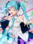  1girl arm_tattoo blue_hair blue_neckwear clenched_hand commentary copyright_name hatsune_miku holding holding_microphone looking_to_the_side microphone necktie one_eye_closed open_mouth seesaw_yt solo tattoo twintails vocaloid 