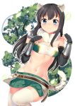  1girl animal_ear_fluff animal_ears armor asashio_(kantai_collection) bandeau bangs belt black_gloves black_hair blue_eyes blush breasts brown_belt closed_mouth commentary_request cosplay cowboy_shot eyebrows_behind_hair fake_animal_ears fake_tail fingerless_gloves frown fur_collar gauntlets gloves green_skirt groin hair_between_eyes highres kantai_collection long_hair looking_at_viewer midriff miniskirt navel paw_pose princess_connect! princess_connect!_re:dive shiori_(princess_connect!) shiori_(princess_connect!)_(cosplay) shoulder_armor sidelocks single_bare_shoulder skindentation skirt small_breasts solo standing standing_on_one_leg striped striped_tail tail taut_clothes thigh-highs tiger_ears tiger_tail tree vertical-striped_skirt vertical_stripes white_background white_legwear yasume_yukito zettai_ryouiki 