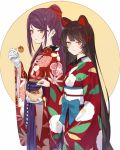  2girls :3 alternate_costume animal_ears bangs blush bow brown_hair closed_mouth cowboy_shot dog_ears eating eyebrows_visible_through_hair floral_print food gloves gundou_mirei hair_bow heterochromia highres holding holding_food inui_toko isshiki_(ffmania7) japanese_clothes kimono long_hair looking_at_viewer multiple_girls nijisanji obi open_mouth parted_bangs ponytail purple_hair red_eyes red_kimono sash simple_background smile straight_hair takoyaki toothpick two-tone_background very_long_hair violet_eyes virtual_youtuber white_background white_gloves wide_sleeves yellow_background yellow_eyes yukata 