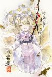  1girl blonde_hair branch commentary fox_tail hat head_tilt highres ikeda_ruriko looking_at_viewer multiple_tails pillow_hat raised_eyebrows short_hair solo tail touhou traditional_media upper_body watercolor_(medium) wide_sleeves yakumo_ran yellow_eyes 