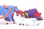  1boy 1girl black_shirt blanket blue_jacket blush bob_cut boots brown_footwear brown_hair cardigan closed_eyes commentary_request dark_skin dark_skinned_male fur-trimmed_jacket fur_trim gen_8_pokemon gloria_(pokemon) grey_cardigan hop_(pokemon) jacket legendary_pokemon poke_ball poke_ball_(basic) pokemon pokemon_(game) pokemon_swsh shirt shoes sleeping smile under_covers yoshino_(gunform) zacian zamazenta 