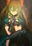  1girl absurdres animal_ears atalanta_(fate) black_legwear blonde_hair blood bloody_tears cat_ears closed_mouth fate/apocrypha fate/grand_order fate_(series) gauntlets gradient_hair green_hair hair_between_eyes half-closed_eyes highres hoojiro light_particles long_hair looking_at_viewer looking_down multicolored_hair puffy_short_sleeves puffy_sleeves sad short_sleeves sitting solo thick_eyebrows thigh-highs tsurime 