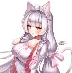  :3 animal_ears artist_name bangs bell bell_collar blue_eyes braid breasts cat_ears cat_girl cat_tail collar cs_perrault dated eyebrows_visible_through_hair heterochromia highres hime_cut last_origin lilac_(k32420276) looking_at_viewer maid_headdress medium_breasts paw_pose silver_hair simple_background smile tail twin_braids white_background yellow_eyes 