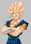  1boy blonde_hair blue_eyes closed_mouth crossed_arms dougi dragon_ball dragon_ball_z earrings gloves grey_background jewelry looking_at_viewer male_focus mattari_illust muscle potara_earrings sash simple_background smile solo spiky_hair standing super_saiyan super_saiyan_1 twitter_username upper_body vegetto white_gloves 