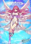  1girl :d angel_wings blue_background blue_eyes bracelet chyan copyright_name detached_sleeves dress dungeon_breakers feathered_wings floating_hair halo highres jewelry logo long_dress long_hair long_sleeves looking_at_viewer multiple_wings official_art open_mouth outstretched_arms pelvic_curtain pink_hair sandals seraph smile solo spread_arms spread_wings thighlet toenails watermark white_dress white_wings wings 