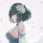  1girl bare_shoulders breasts chyan cravat flower from_side green_eyes green_hair hair_flower hair_ornament highres idolmaster idolmaster_cinderella_girls korean_text large_breasts looking_at_viewer looking_to_the_side mole mole_under_eye sideways_glance smile solo takagaki_kaede upper_body white_footwear white_neckwear 
