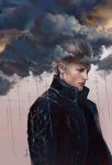  1boy absurdres black_vest blue_coat closed_mouth clouds coat commentary devil_may_cry_5 frown grey_eyes highres lizzart-zardonicz looking_away male_focus short_hair signature silver_hair solo trench_coat upper_body vergil vest 