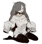  1girl ddari greyscale hair_over_one_eye highres long_hair long_sleeves looking_at_viewer monochrome no_shoes one_eye_covered original simple_background sitting sleeves_past_fingers sleeves_past_wrists solo thigh-highs wariza white_background 