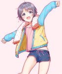  1girl :d grey_eyes grey_hair highres idolmaster idolmaster_cinderella_girls jacket long_sleeves looking_at_viewer mikapoe open_clothes open_jacket open_mouth otokura_yuuki outstretched_arms pink_background pink_shirt shirt short_hair short_shorts shorts smile solo spread_arms sweat thighs towel 