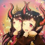  &gt;_o 2girls ;) ;d breasts brown_hair crown demon demon_horns grand_summoners hair_ornament horns hug juno(grand_summoners) knights_of_blood leone_(grand_summoners) mother_and_daughter multiple_girls one_eye_closed open_mouth red_eyes short_hair smile 