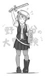  1girl arm_up asymmetrical_footwear asymmetrical_hair bangs belt boots commentary_request dress_shirt flipped_hair fujinoki_(horonabe-ken) full_body greyscale kantai_collection long_hair looking_at_viewer monochrome necktie nowaki_(kantai_collection) pantyhose pleated_skirt pot_on_head rubber_boots school_uniform shield shirt skirt solo swept_bangs sword translation_request vest weapon 