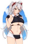  1girl absurdres azur_lane bare_shoulders belt black_gloves breasts clothing_cutout cropped_shirt eyebrows_visible_through_hair fnzz gloves grey_hair half_gloves headgear highres large_breasts long_hair looking_at_viewer mole mole_on_breast multicolored_hair official_alternate_costume panties prinz_eugen_(azur_lane) prinz_eugen_(final_lap)_(azur_lane) racequeen red_panties redhead simple_background solo standing streaked_hair two-tone_hair two-tone_skirt under_boob underboob_cutout underwear very_long_hair white_background white_belt 