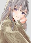  1girl bandaid bandaid_on_face bangs braid commentary_request grey_background grey_hair head_rest highres idolmaster idolmaster_shiny_colors long_hair looking_at_viewer looking_to_the_side pekoni_(peconi) sleeves_past_wrists solo sweater turtleneck turtleneck_sweater upper_body violet_eyes yuukoku_kiriko 