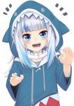  1girl :d bangs blue_eyes blue_hair blue_hoodie blunt_bangs claw_pose commentary drawstring eyebrows_behind_hair gawr_gura highres hololive hololive_english hood hood_up hoodie long_hair long_sleeves looking_at_viewer multicolored_hair notice_lines open_mouth sharp_teeth silver_hair simple_background smile solo streaked_hair teeth upper_body virtual_youtuber white_background wide_sleeves zooanime 