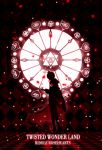  1boy argyle cape character_name checkered checkered_floor copyright_name flower harada_miyuki holding holding_staff light_particles minimalism petals red_theme riddle_rosehearts rose rose_petals short_hair silhouette solo spot_color staff stained_glass standing twisted_wonderland 