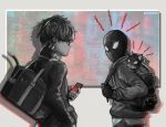  2boys amamiya_ren backpack bag cat cellphone collar crossover fingerless_gloves glasses gloves handbag hood hoodie miles_morales morgana_(persona_5) multiple_boys persona persona_5 phone spider-cat spider-man spider-man:_miles_morales spider-man_(miles_morales) spot_color stephanie_sybydlo trait_connection twitter_username 