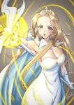  1girl absurdres afk_arena aqua_eyes belinda_(afk_arena) blonde_hair breasts cape cloak dress fujiichi highres large_breasts long_hair open_mouth signature solo staff strapless strapless_dress tiara upper_body white_cloak white_dress 