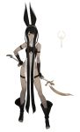  1girl absurdres animal_ears ankle_boots arm_strap bare_shoulders black_footwear black_hair boots breasts closed_mouth covered_navel dark_skin detached_sleeves frown full_body grey_eyes hairband hand_on_hip highres holding holding_scythe jackal_ears km_yama long_hair looking_at_viewer no_panties original pelvic_curtain scythe short_hair_with_long_locks sidelocks simple_background small_breasts solo standing toeless_boots very_long_hair white_background white_hairband 