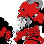  1girl ddari from_side helmet horns monochrome open_mouth original profile red_eyes red_theme simple_background skull_on_head solo tongue tongue_out white_background 